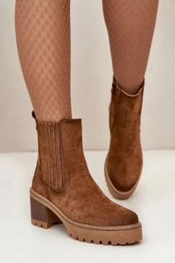 Botki Damskie Na Słupku Z Eko Zamszu Ocieplane Brązowe Nevitas
