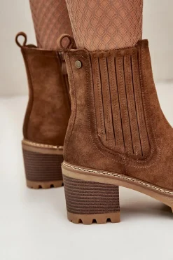 Botki Damskie Na Słupku Z Eko Zamszu Ocieplane Brązowe Nevitas