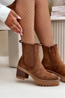 Botki Damskie Na Słupku Z Eko Zamszu Ocieplane Brązowe Nevitas