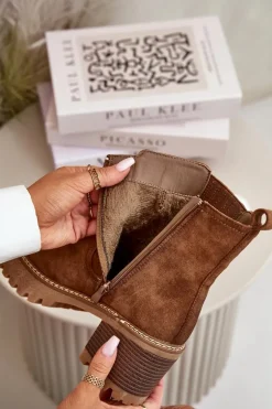 Botki Damskie Na Słupku Z Eko Zamszu Ocieplane Brązowe Nevitas