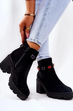 Botki Damskie Na Słupku z Kryształami Czarne Makbet