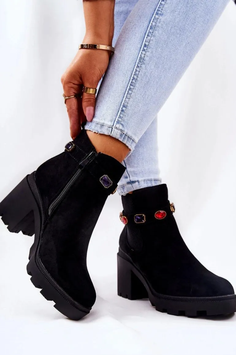 Botki Damskie Na Słupku z Kryształami Czarne Makbet