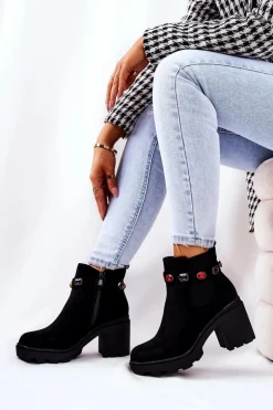 Botki Damskie Na Słupku z Kryształami Czarne Makbet