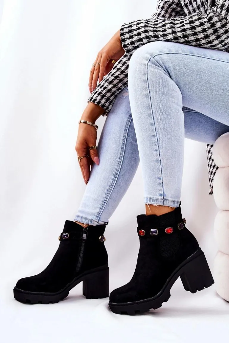 Botki Damskie Na Słupku z Kryształami Czarne Makbet