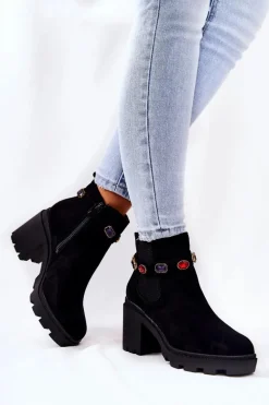 Botki Damskie Na Słupku z Kryształami Czarne Makbet