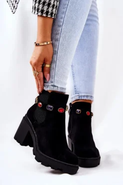 Botki Damskie Na Słupku z Kryształami Czarne Makbet