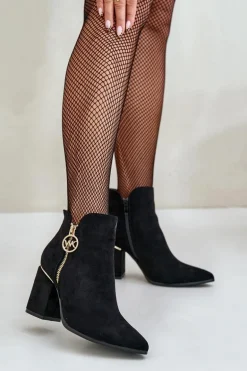 Botki Damskie Na Słupku Z Noskami W Szpic Eko Zamszowe Ocieplane Czarne Raisha