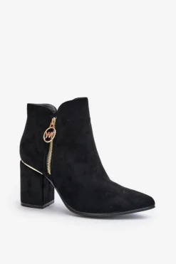 Botki Damskie Na Słupku Z Noskami W Szpic Eko Zamszowe Ocieplane Czarne Raisha