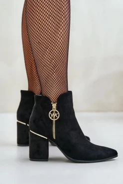 Botki Damskie Na Słupku Z Noskami W Szpic Eko Zamszowe Ocieplane Czarne Raisha