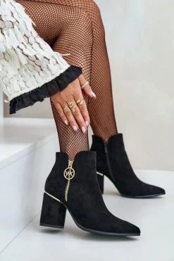 Botki Damskie Na Słupku Z Noskami W Szpic Eko Zamszowe Ocieplane Czarne Raisha