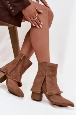 Botki Damskie Na Słupku Z Wywiniętą Cholewką Jasnobrązowe Idalia
