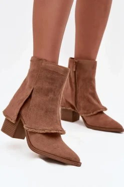 Botki Damskie Na Słupku Z Wywiniętą Cholewką Jasnobrązowe Idalia