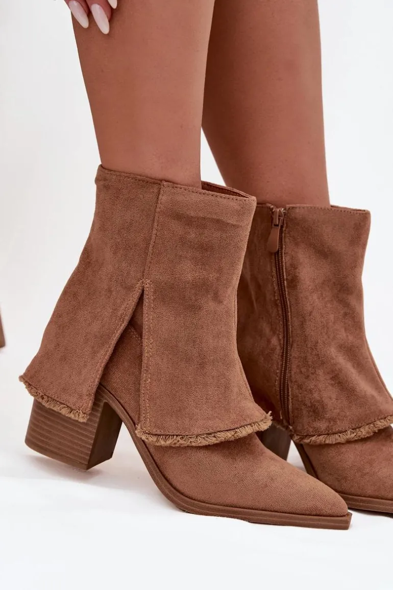 Botki Damskie Na Słupku Z Wywiniętą Cholewką Jasnobrązowe Idalia