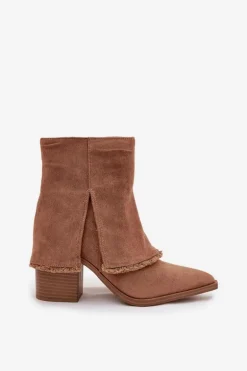 Botki Damskie Na Słupku Z Wywiniętą Cholewką Jasnobrązowe Idalia