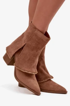 Botki Damskie Na Słupku Z Wywiniętą Cholewką Jasnobrązowe Idalia