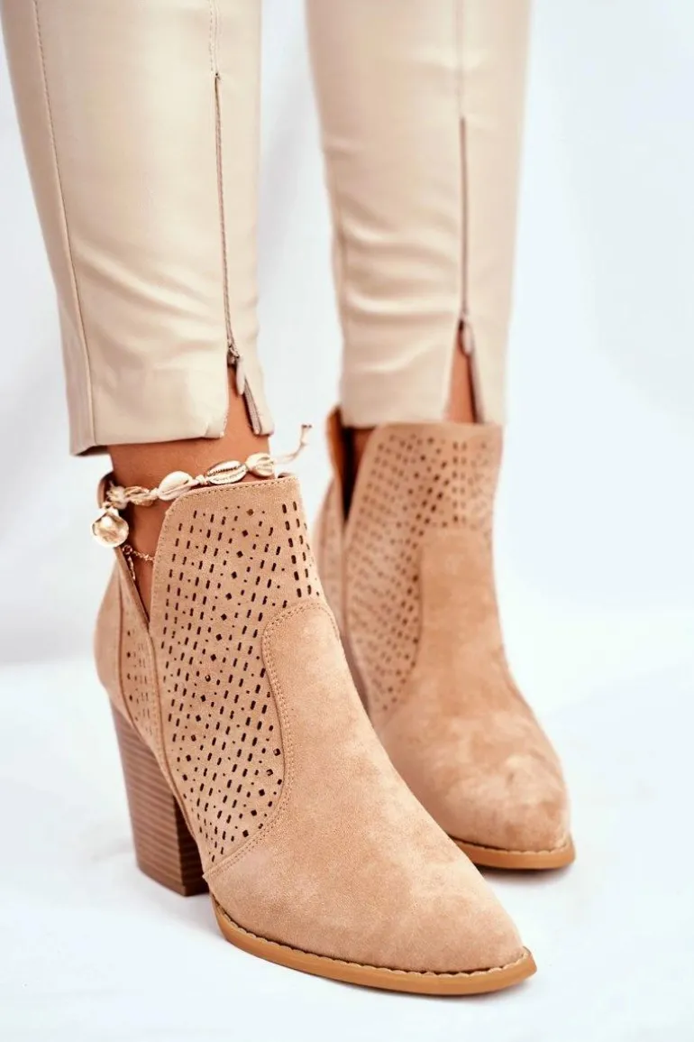 Botki Damskie Na Słupku Zamszowe Ażurowe Beżowe Shades