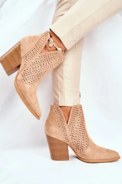 Botki Damskie Na Słupku Zamszowe Ażurowe Beżowe Shades