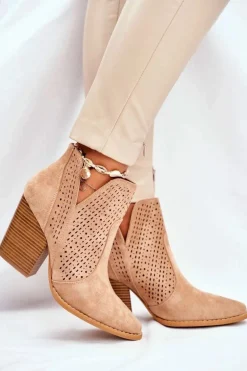 Botki Damskie Na Słupku Zamszowe Ażurowe Beżowe Shades