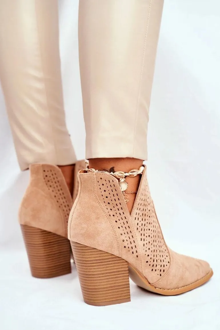 Botki Damskie Na Słupku Zamszowe Ażurowe Beżowe Shades