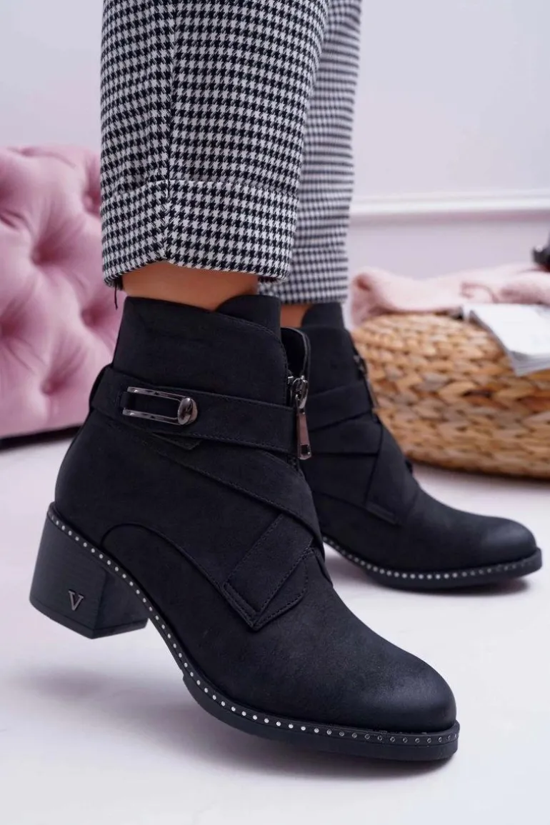 Botki Damskie Na Słupku Zamszowe Czarne Brave