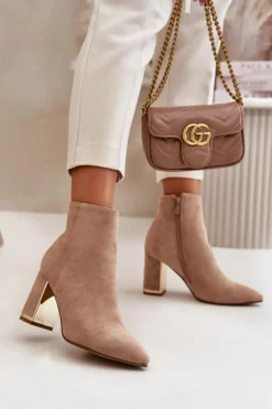 Botki Damskie Na Słupku Zapinane Na Zamek Ocieplane Eko Zamszowe Jasnobrązowe Mevair