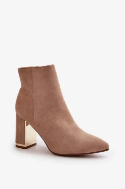 Botki Damskie Na Słupku Zapinane Na Zamek Ocieplane Eko Zamszowe Jasnobrązowe Mevair