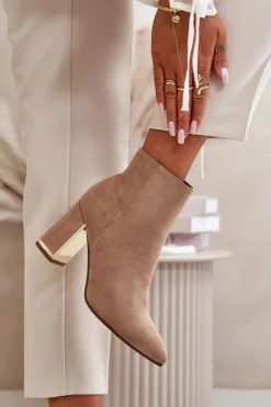 Botki Damskie Na Słupku Zapinane Na Zamek Ocieplane Eko Zamszowe Jasnobrązowe Mevair