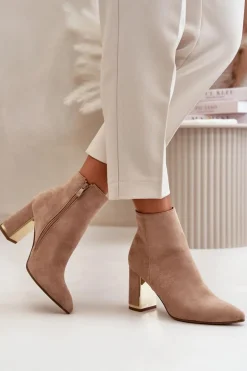 Botki Damskie Na Słupku Zapinane Na Zamek Ocieplane Eko Zamszowe Jasnobrązowe Mevair