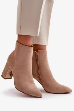 Botki Damskie Na Słupku Zapinane Na Zamek Ocieplane Eko Zamszowe Jasnobrązowe Mevair