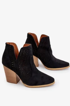 Botki Damskie Na Słupku Zamszowe Ażurowe Czarne Shades