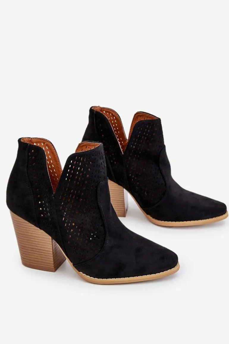 Botki Damskie Na Słupku Zamszowe Ażurowe Czarne Shades