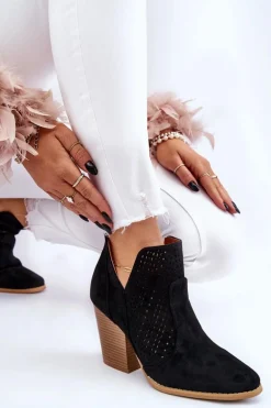 Botki Damskie Na Słupku Zamszowe Ażurowe Czarne Shades