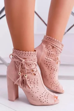 Botki Damskie Na Słupku Zamszowe Różowe Corinne