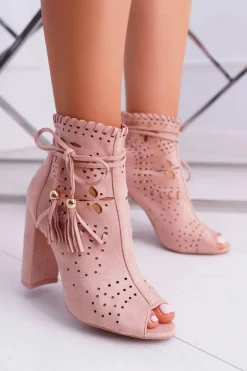 Botki Damskie Na Słupku Zamszowe Różowe Corinne