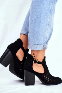 Botki Damskie Na Słupku Zamszowe Ażurowe Czarne Morrena