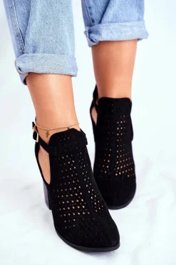 Botki Damskie Na Słupku Zamszowe Ażurowe Czarne Morrena