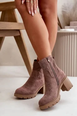 Botki Damskie Na Słupku Zapinane Na Zamek Eko Zamszowe Brązowe Rashmi