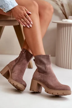 Botki Damskie Na Słupku Zapinane Na Zamek Eko Zamszowe Brązowe Rashmi