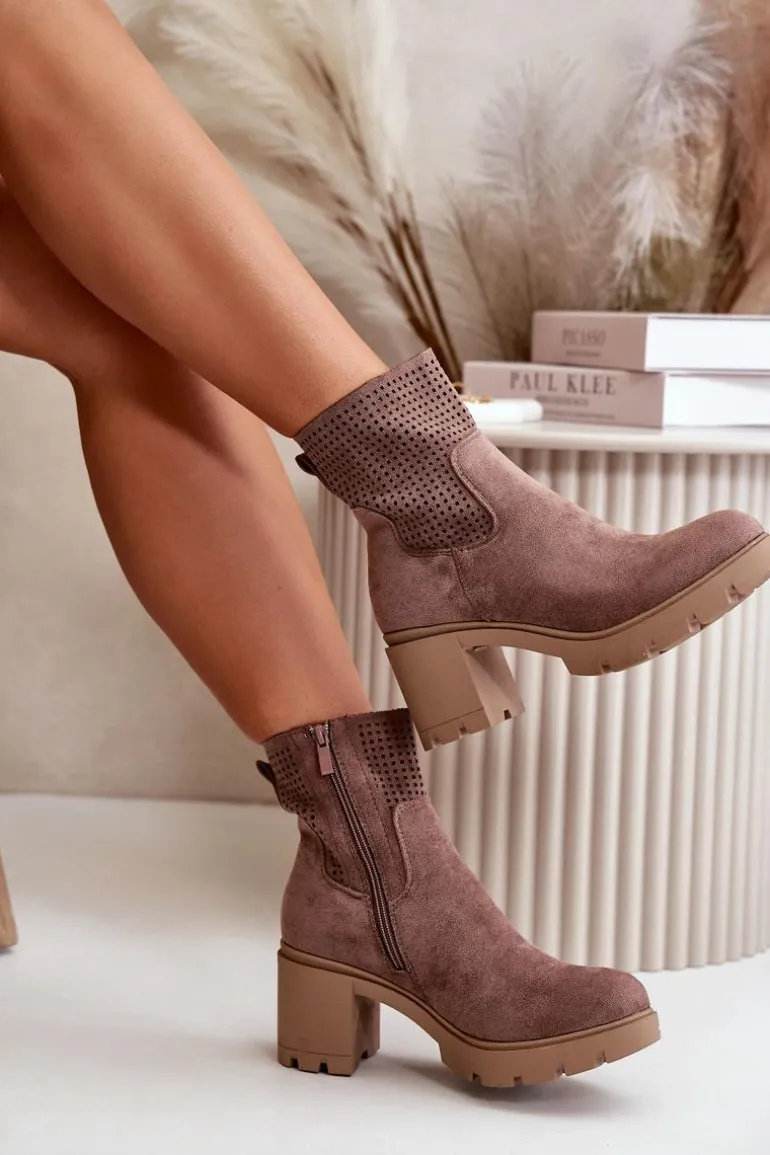 Botki Damskie Na Słupku Zapinane Na Zamek Eko Zamszowe Brązowe Rashmi