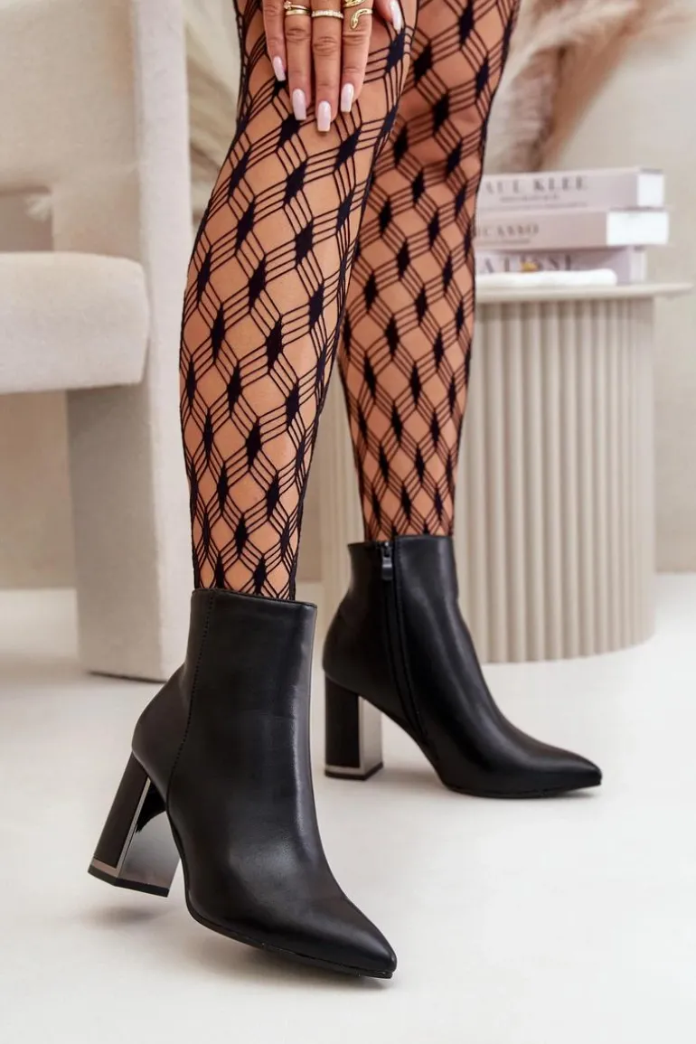 Botki Damskie Na Słupku Zapinane Na Zamek Ocieplane Eko Skórzane Czarne Mevair