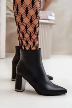 Botki Damskie Na Słupku Zapinane Na Zamek Ocieplane Eko Skórzane Czarne Mevair