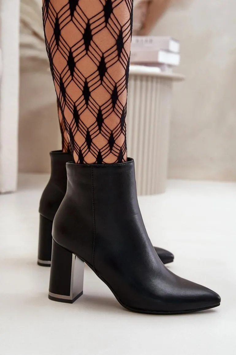 Botki Damskie Na Słupku Zapinane Na Zamek Ocieplane Eko Skórzane Czarne Mevair