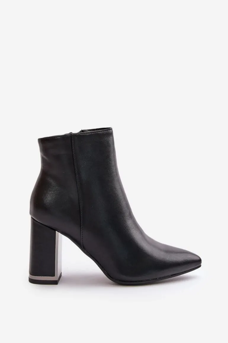 Botki Damskie Na Słupku Zapinane Na Zamek Ocieplane Eko Skórzane Czarne Mevair