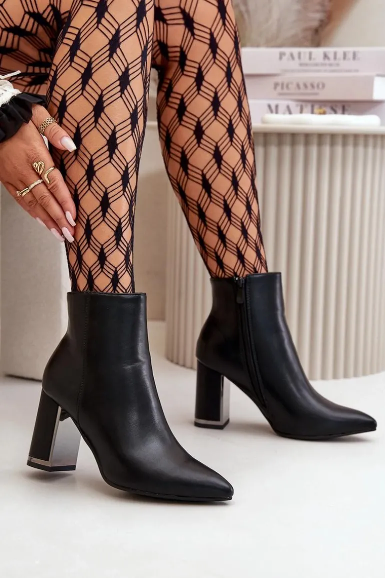 Botki Damskie Na Słupku Zapinane Na Zamek Ocieplane Eko Skórzane Czarne Mevair