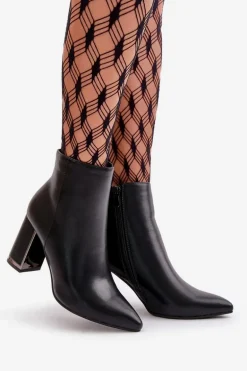 Botki Damskie Na Słupku Zapinane Na Zamek Ocieplane Eko Skórzane Czarne Mevair