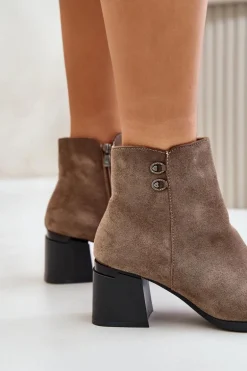 Botki Damskie Na Słupku Zapinane Na Zamek Ciemnobeżowe Tinamar