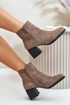 Botki Damskie Na Słupku Zapinane Na Zamek Ciemnobeżowe Tinamar