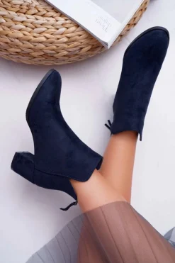 Botki Damskie Na Słupku Zamszowe Granatowe Mimosa