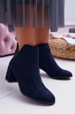 Botki Damskie Na Słupku Zamszowe Granatowe Mimosa