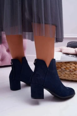 Botki Damskie Na Słupku Zamszowe Granatowe Mimosa